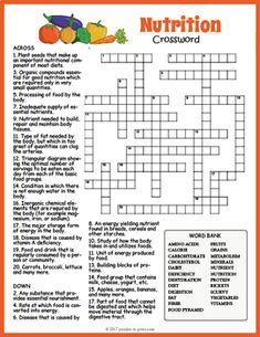 a crossword puzzle with fruits and vegetables on it's front page, as well as an orange border