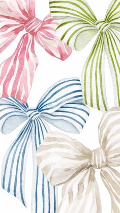 four different colored bows on a white background