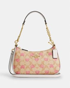 Coach Beige Bag, Pretty Bags Fashion, Pink Coach Shoulder Bag, Purse With Outfit, Heart Coach Bag, Coach Heart Purse, Spring Crossbody Shoulder Bag In Coated Canvas, Spring Coated Canvas Crossbody Shoulder Bag, Spring Crossbody Bag In Coated Canvas