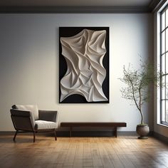 an abstract painting hangs on the wall next to a modern chair and coffee table in front of a window