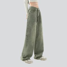 Be the embodiment of effortless summer chic with our 2023 Spring-Summer Collection pale green aged baggy jeans! This y2k style piece is the perfect blend of vintage allure and today's spirited fashion pulse. featuring a high-waist silhouette. zipper & button closure. and a statement-making baggy fit.Why You'll Love These Jeans Vintage-Modern Fusion: Revel in a timeless combination that effortlessly fuses bygone elegance into modern-day sophistication. Baggy Fit: Showcase your sun-kissed skin and Vintage Baggy Jeans, Denim Clothes, Oversized Jean Jacket, Denim Clothing, Denim Patterns, Glamorous Style, Wear Green, Plain Tops, Summer Chic