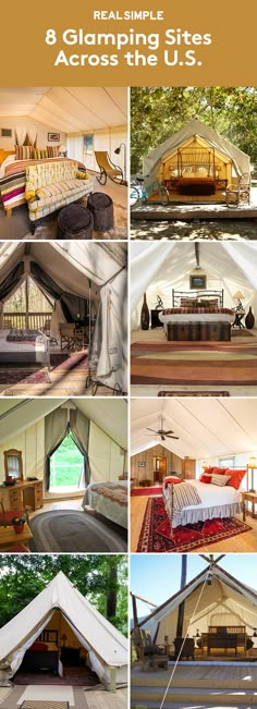 the inside of a tent is shown with many different pictures