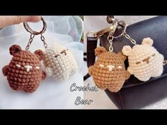 crochet bear keychains are on display in front of a handbag