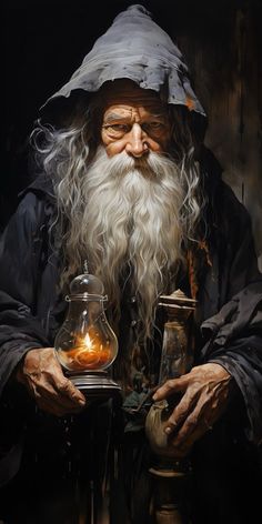 an old man with a long beard holding a lantern