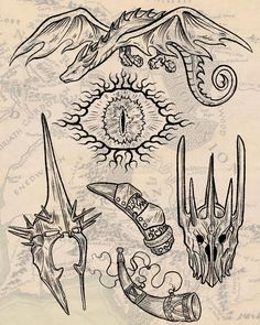 an image of some tattoos on a piece of paper with mountains in the background and sun above it