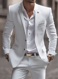 Suits No Tie Men, White And Champagne Groom Suit, White Suits For Men Classy, White Suit Designs For Men, Fancy White Suit Men, White And Gold Mens Outfits, White Gala Outfit Men, Mens Ivory Suit Wedding, White Coat Suit For Men