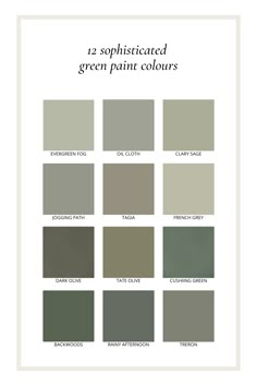 an image of some green paint colors with the words, 12 sophisticateded green paint colours