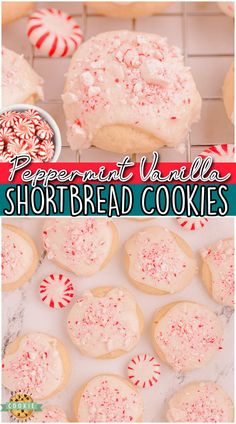 peppermint shortbread cookies on a cooling rack with candy canes in the background