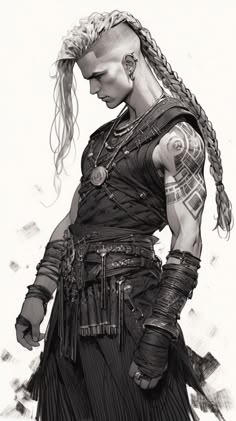 a drawing of a woman with braids and tattoos on her arm, standing in front of