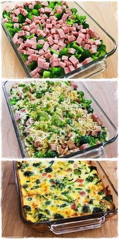 broccoli, ham and cheese casserole is shown in three different pans