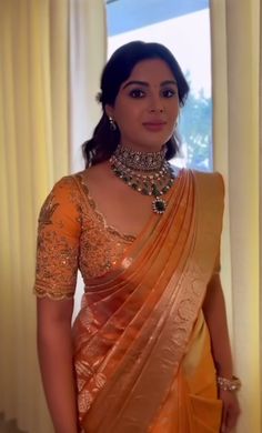 Marriage Manifestation, Orange Sarees, Sarees Ideas, Samyuktha Menon, Indian Wedding Bride, Blouse Designs High Neck, Saree Blouse Styles, Photo Stills, Blouse Designs Catalogue