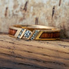 Unique Diamond Engagement Ring With Koa Wood Wood Engagement Ring Women, Masculine Wedding Bands For Women, Masc Engagement Rings, Inlay Engagement Ring, Mens Wedding Ring With Stone, Tomboy Engagement Ring, Engagement Rings Masculine, Masculine Engagement Ring, Masculine Engagement Rings For Women