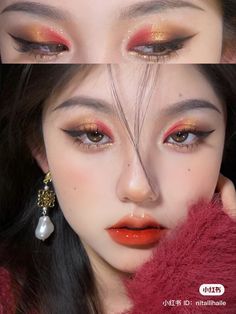 Bold Make Up, Lunar New Year Makeup Look, Chinese New Year Makeup Look, Red Douyin Makeup, Chinese New Year Makeup, Lunar New Year Makeup, Makeup Bold, Makeup Layout