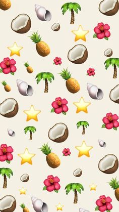 a pattern with coconuts, flowers and stars on a white background for wallpaper