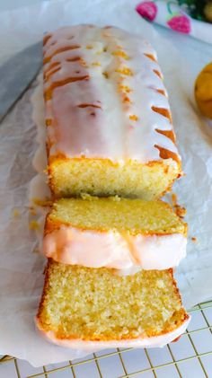 three slices of lemon pound cake sitting on top of each other