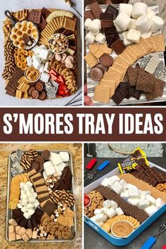 a collage of different types of trays filled with snacks and desserts, including marshmallows