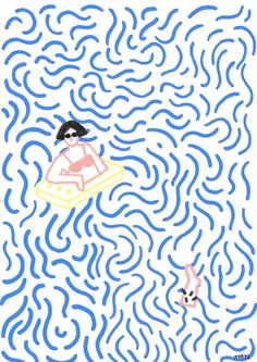 a girl is floating on an inflatable raft through a maze with fish and waves