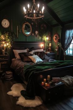 a dark cottage core bedroom. green wood cabin walls. a velvet green throw blanket a sheepskin rug. lots of clocks and mirrors on the wall. an end table with mystical candles lit Academia Bedroom, Goth Bedroom, Dark Bedroom, Goth Home Decor, Dream Room Inspiration, Gothic Home Decor, Bedroom Green