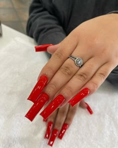 Long Red Acrylic Nails, All Red Nails, Red Square Acrylic Nails, Red Acrylic Nails Ideas, Red Baddie Nails, Red Nails Long, Red Nail Set, Red Long Nails