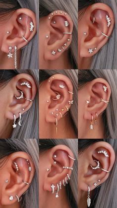 multiple images of different types of piercings in the shape of an ear with flowers on them