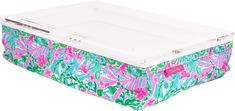 a large plastic storage box with pink and blue flowers on it