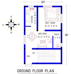 a blueprinted floor plan for a house with two rooms and one bedroom on the first