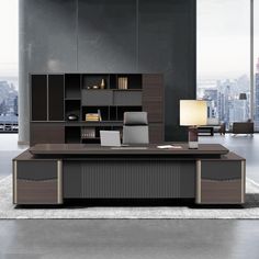 an office desk in front of a large window with cityscape on the wall