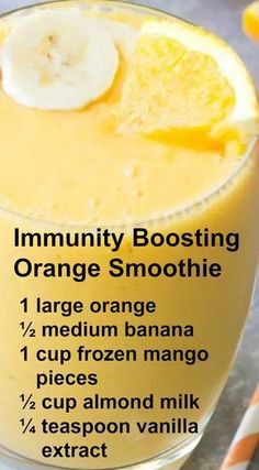 an orange smoothie in a glass with information about the ingredients and how to make it