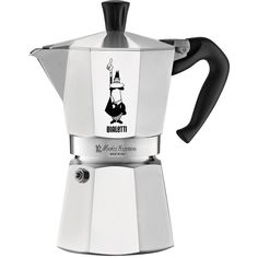 an espresso coffee maker with a black handle