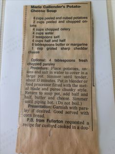 an old recipe paper with instructions on how to make homemade buttered potato chips from scratch