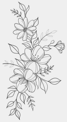 a black and white drawing of flowers with leaves on the bottom half of each flower