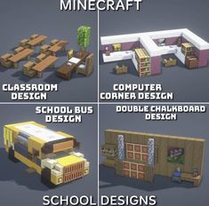 four different types of furniture in the minecraft style with text overlaying them