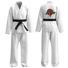 two pieces of white karate uniforms with red rose on the chest and black belted pants