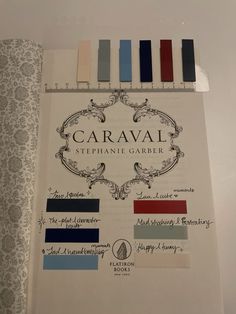 a piece of paper that has some type of fabric on it with the words caraval written in different colors