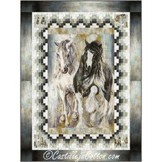 Beautiful black, white, and brown quilt showcases two prancing horses. Panel Quilts Ideas Layout Patterns Free, Horse Quilt Patterns, Northcott Fabrics, Cottage Quilt, Border Fabric, Cat Cuddle, House Quilts, Road Design