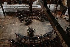 an overhead view of a wedding venue with tables and chairs set up in the center