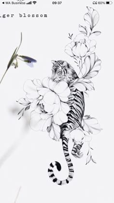 a black and white drawing of a tiger with flowers on it's back legs