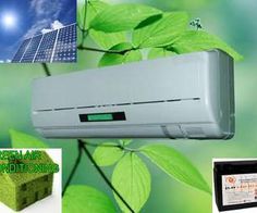 an air conditioner sitting on top of a green leafy plant next to a solar panel