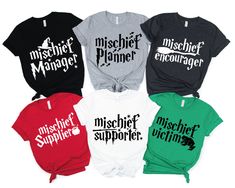 six different shirts with the words mischef manorer on them in black, white and green