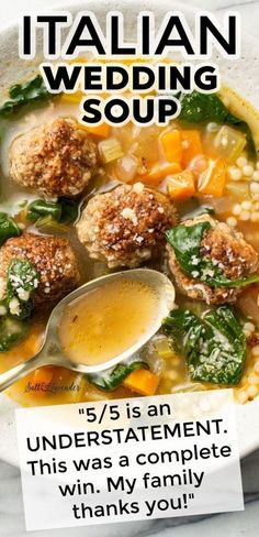 a white bowl filled with meatballs and vegetables next to a sign that says italian wedding soup