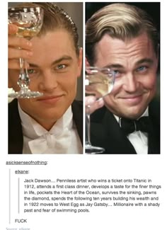 two pictures of the same person holding wine glasses in front of their faces, and one with