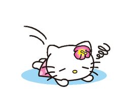 an image of a hello kitty floating in the water with her eyes closed and tongue out