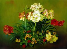 a painting of flowers in a vase on a table