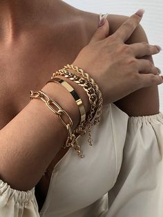 Original Cool Statement Chains Bracelet GOLD-One_size Flat Bracelet, Twisted Bracelet, Gold Bracelets, Silver Chain Bracelet, Gold Bracelet Chain, Layered Bracelets, Trendy Jewelry, Adjustable Bracelet, Accessories Bracelets