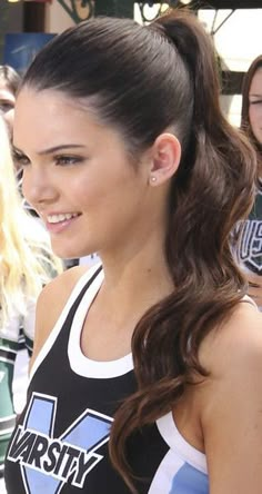 Cute Ponytails High, Curled High Ponytail Cheer, High Ponytail Hairstyles Cheerleader, Cheer Hair High Ponytail, Cheer Game Day Hair Football Season, High Ponytail Cheer Hair, Cheer Comp Hairstyles, Cheer High Ponytail, Cheer Ponytail Hairstyles