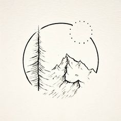 a drawing of mountains and trees with the moon in the background