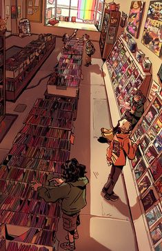 two children looking at books in a bookstore with rainbow light coming through the window and on the shelves