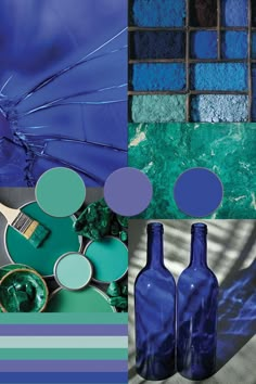 blue and green color palettes with bottles, paint swatches, and other items