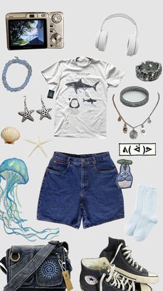 ocean themed outfit Cute Ocean Outfits, Ocean Themed Clothes Aesthetic, Ocean Clothing Aesthetic, Surfcore Outfits, Ocean Outfits Aesthetic, Ocean Theme Outfit, Marine Biology Aesthetic Outfit, Ocean Girl Outfits, Marine Biology Outfits