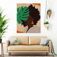 a living room with a couch, potted plants and a painting on the wall